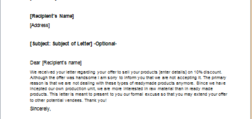 Rejection Letter To A Vendor Regarding His Offer Writeletter2 Com