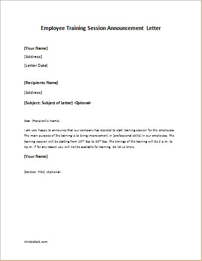 Employee Training Session Announcement Letter Word Amp Excel Templates