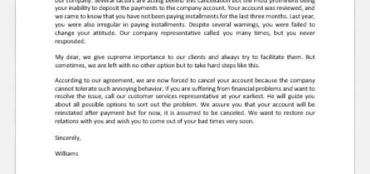 Account Cancellation Letter Due to Non-Payment