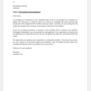 Complaint Acknowledgement Letter