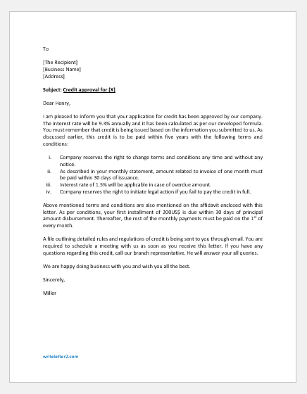 Credit Approval Letter Templates | writeletter2.com