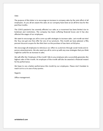 Encouragement Letter to Employees to Increase Sales