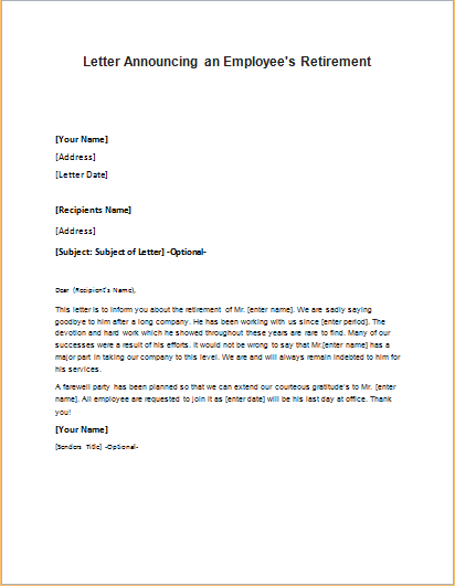Letter Announcing an Employees Retirement