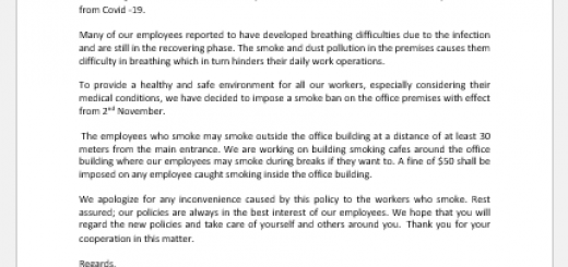Letter Announcing the Implementation of Smoke Free Policy