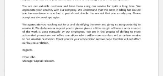 Letter to Apologize for Incorrect Billing