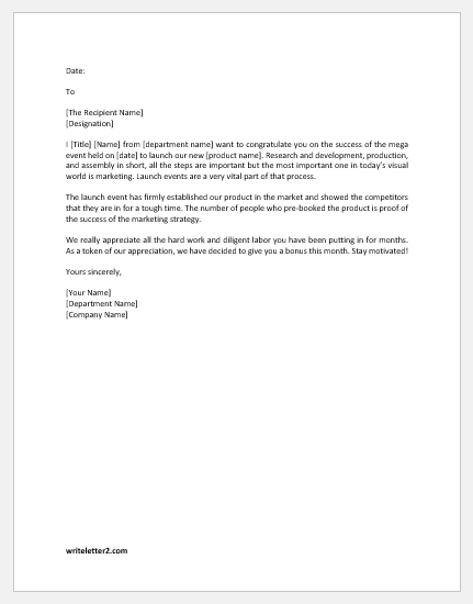 Letter to Appreciate Efforts of Employee at Product Launch