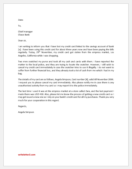 Letter to Confirm Cancellation of Lost Credit Card