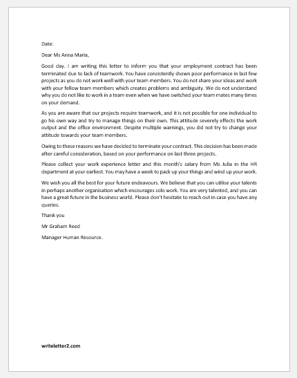 Letter to Terminate Employment Due to Lack of Teamwork
