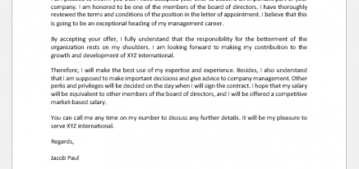 Board of Directors’ Acceptance Letter