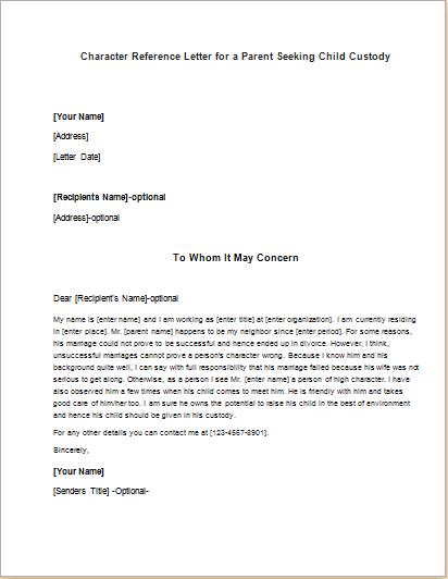 Character Reference Letter Custody Cover Letter