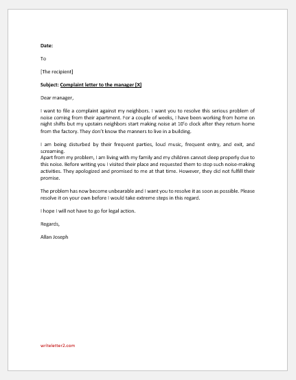 Complaint Letter to Apartment Manager