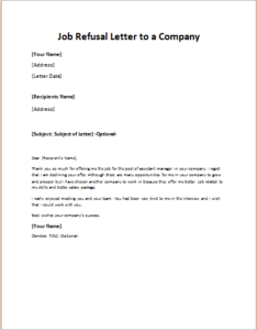 Job Refusal Letter to a Company
