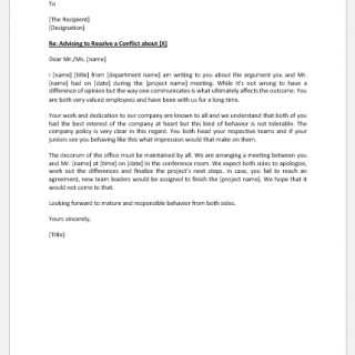 Letter Advising Subordinates to Resolve a Conflict or Issue