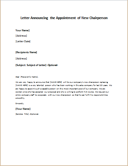 Letter Announcing the Appointment of New Chairperson