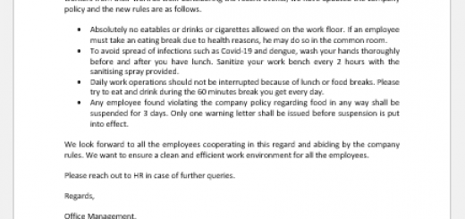Letter Persuading Employees to Avoid Eatables on Work Floor