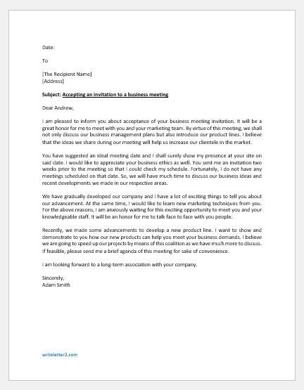 Letter Accepting An Invitation To Business Meeting FREE