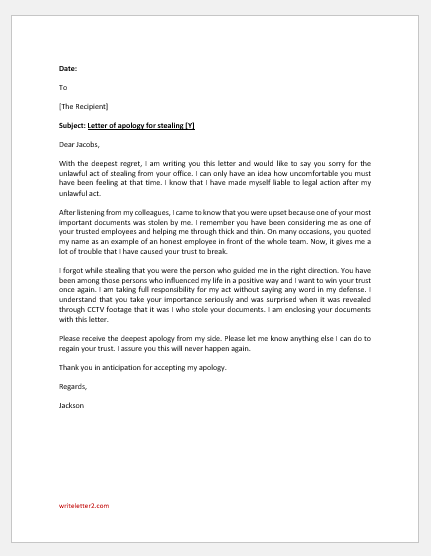 Letter of Apology for Stealing | writeletter2.com