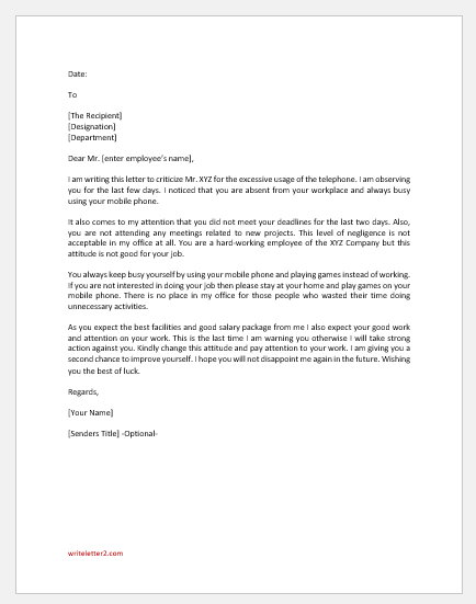 Letter Criticize an Employee for Excessive Telephone Usage