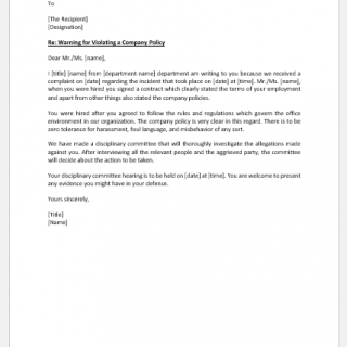 Letter to Reprimand an Employee for Violating a Company Policy