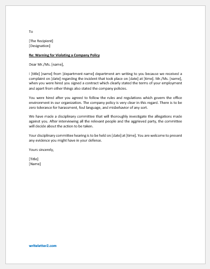 Letter to Reprimand an Employee for Violating a Company Policy