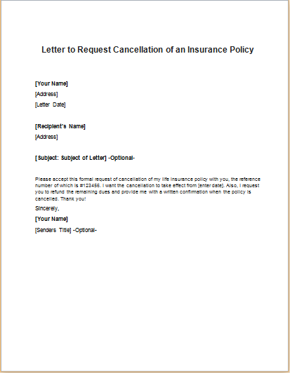 Letter to Request Cancellation of an Insurance Policy | writeletter2.com