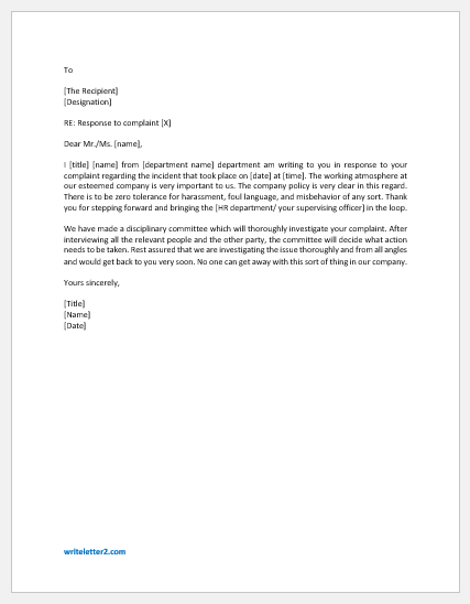 Letter to Respond to a Complaint about a Colleague's Behavior