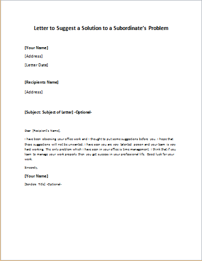 Problem Solution Suggestion Letter to Employee | writeletter2.com