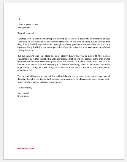 Letter to Terminate Employee for Violating Medical Standards