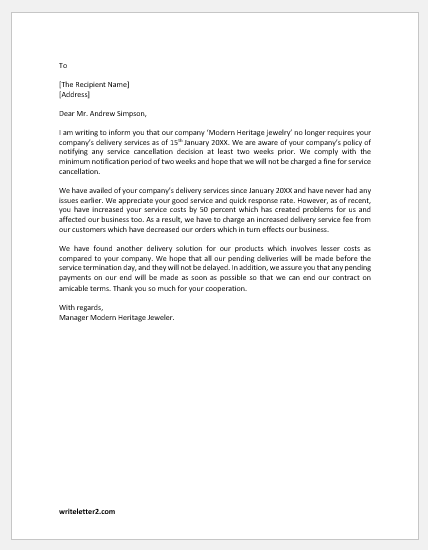 Letter to cancel a service contract