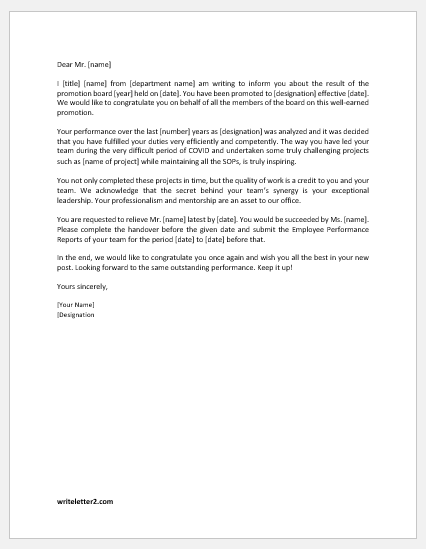 Letter to confirm the promotion