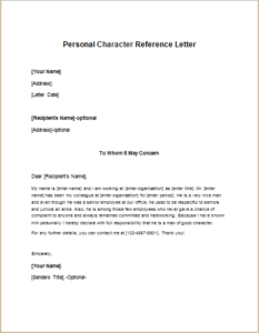 Personal Character Reference Letter Templates | Download