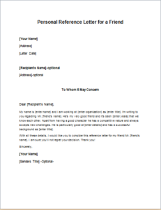 Personal Reference Letter for a Friend