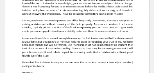 Personal apology letter for wrong press statement