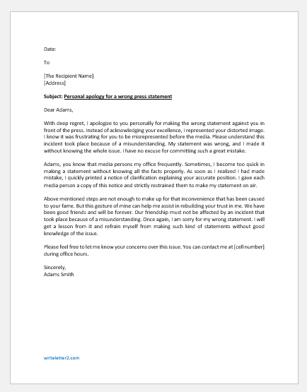 Personal Apology Letter for Wrong Press Statement
