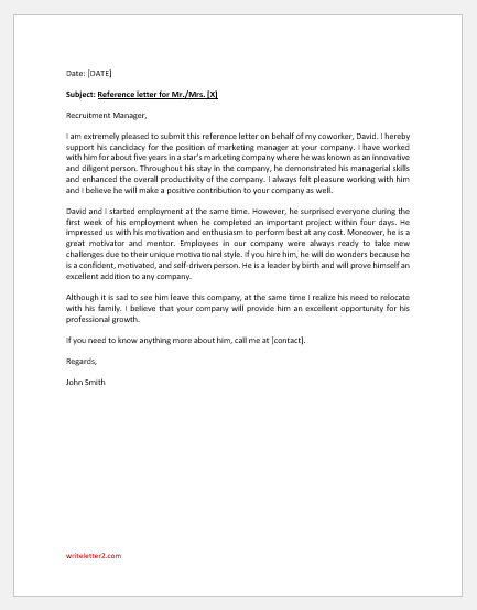 Reference Letter Template for a Co-Worker