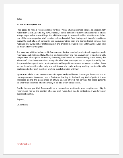 Reference Letter for a Nurse