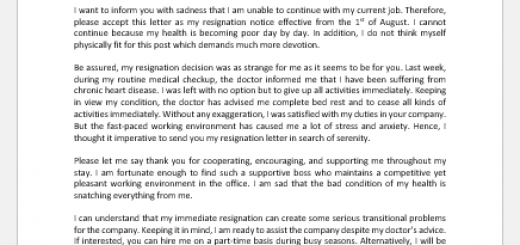 Resignation Letter because of Health Reasons