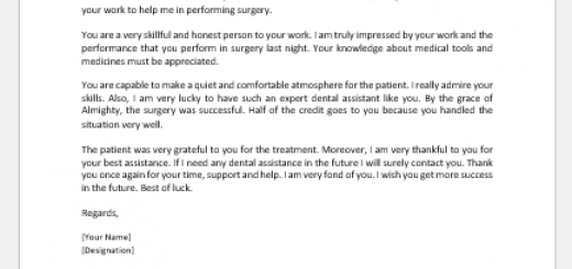 Thank you letter to dental assistant