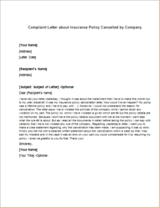 Complaint Letter about Insurance Policy Cancelled by Company