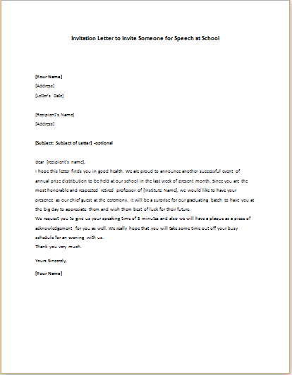 Invitation Letter to Invite Someone for Speech at School | writeletter2.com