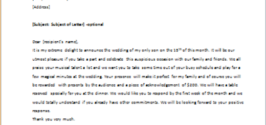 Invitation Letter To Play Cello At Wedding Reception