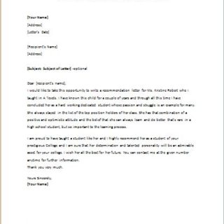 Letter of Recommendation for College Admission