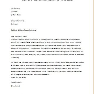 Letter of Recommendation for a Teacher