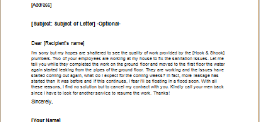 Letter to Cancel Service Contract Due to Poor Workmanship