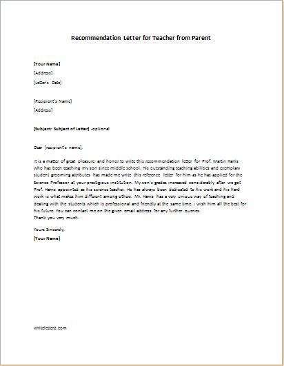 Recommendation Letter For Teacher From Parent Writeletter2 Com