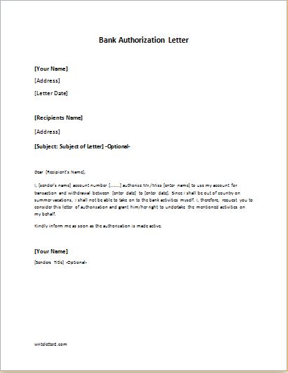 Bank Authorization Letter Sample Template Writeletter2 Com