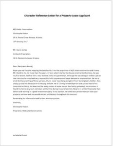 Character Reference Letter for a Property Lease Applicant