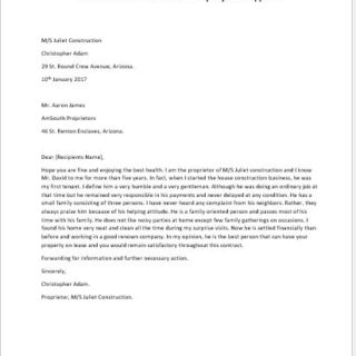 Character Reference Letter for a Property Lease Applicant
