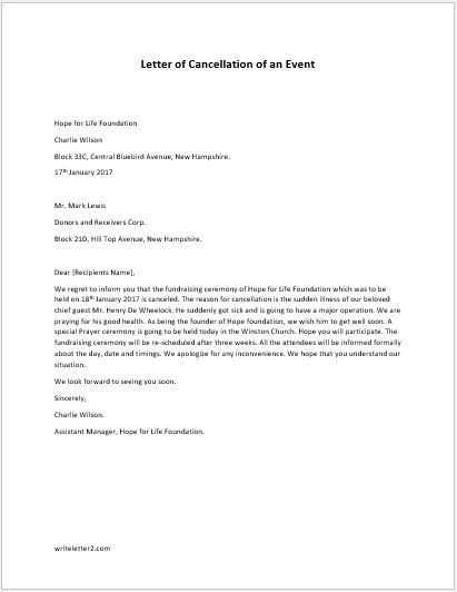 Formal Letter of Cancellation of an Event | Download