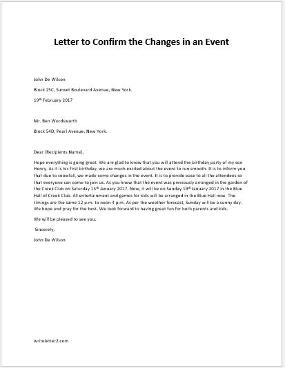 Letter to Confirm the Changes in an Event | writeletter2.com